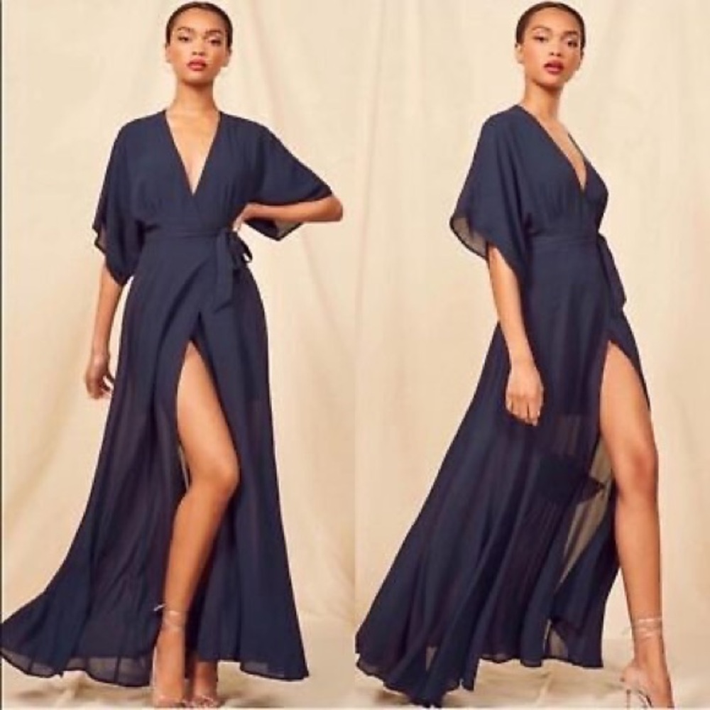 Reformation Winslow Navy Blue Wrap Kimono Dress